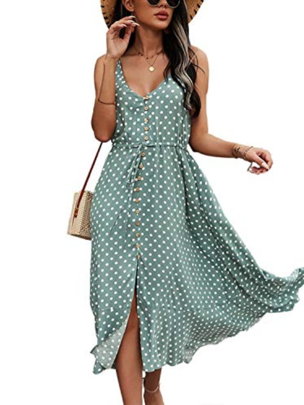 🆕 Women's Summer Casual Boho Sundress Polka Dot Spaghetti Strap V Neck Flowy